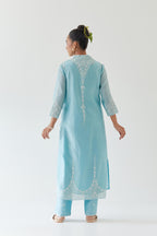 Blue silk chanderi long straight kurta set highlighted with off white thread embroidery