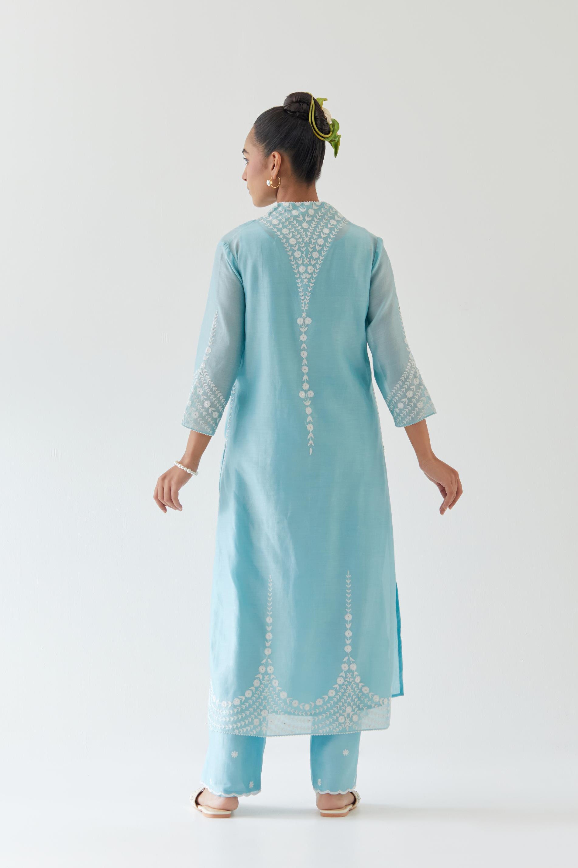 Blue silk chanderi long straight kurta set highlighted with off white thread embroidery