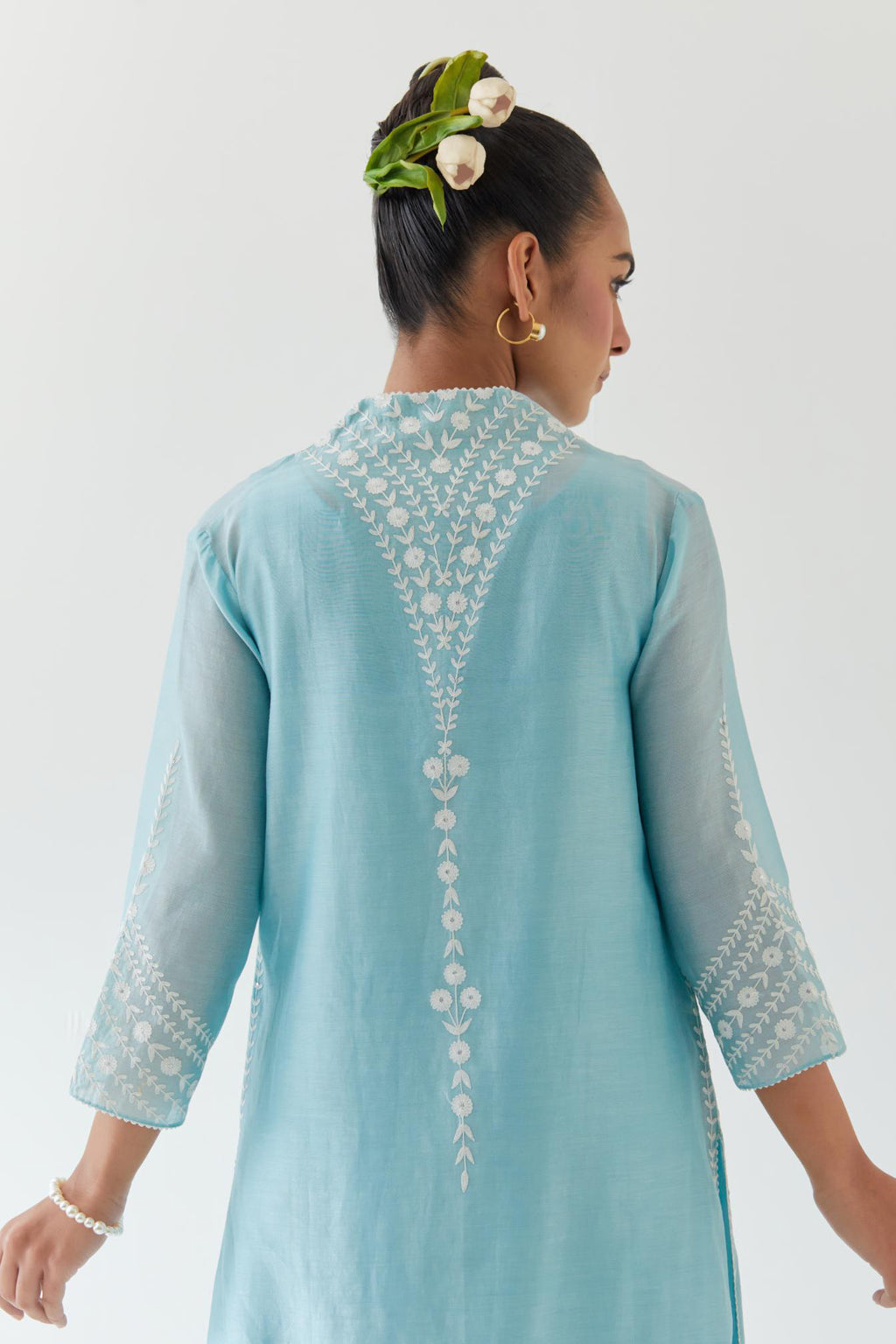 Blue silk chanderi long straight kurta set highlighted with off white thread embroidery