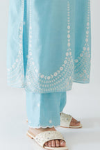 Blue silk chanderi long straight kurta set highlighted with off white thread embroidery