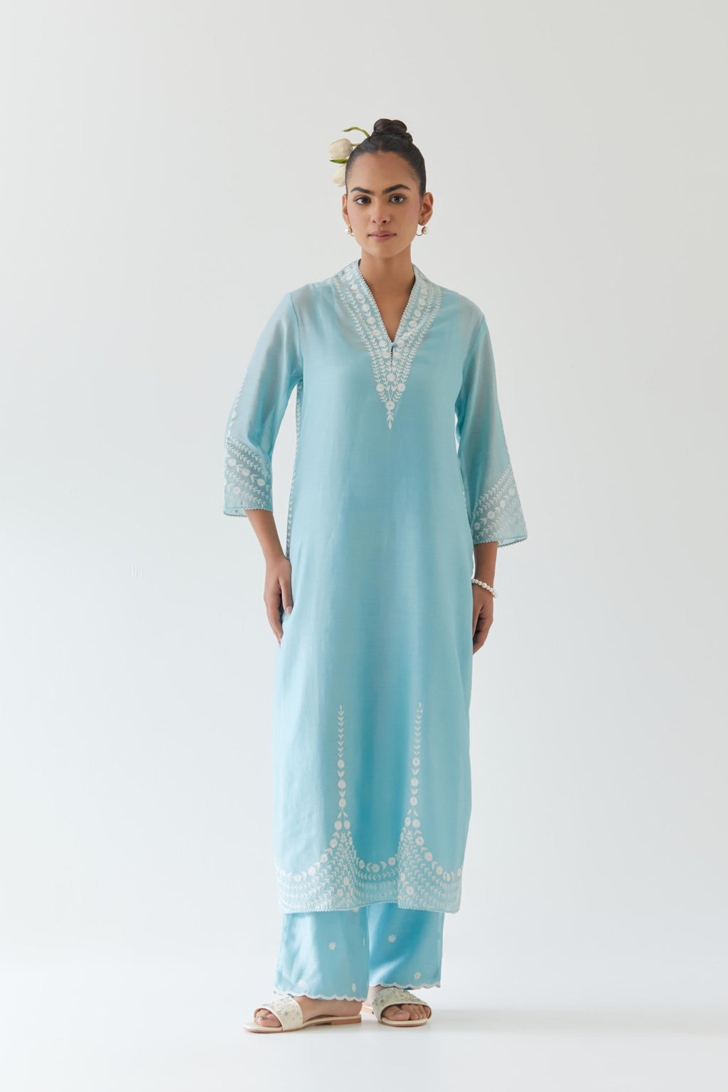Blue silk chanderi long straight kurta set highlighted with off white thread embroidery