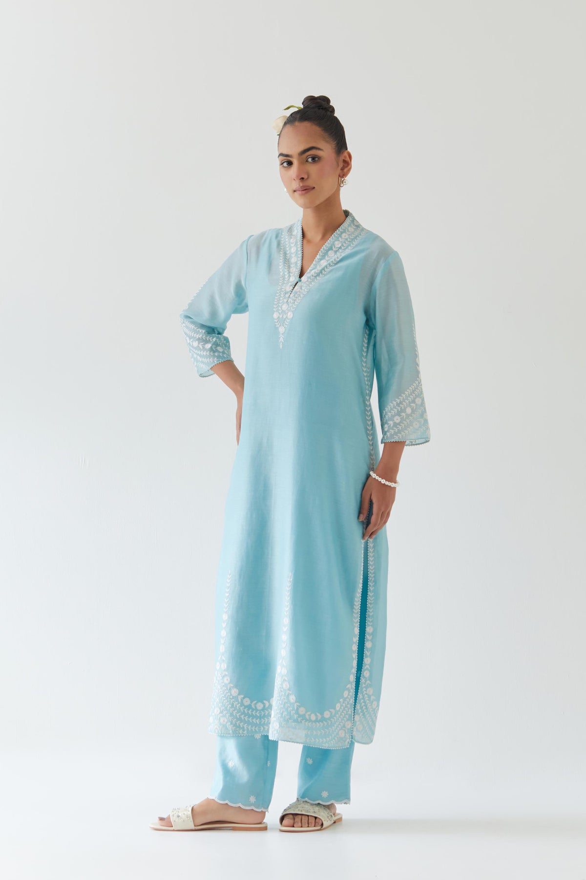 Blue silk chanderi long straight kurta set highlighted with off white thread embroidery