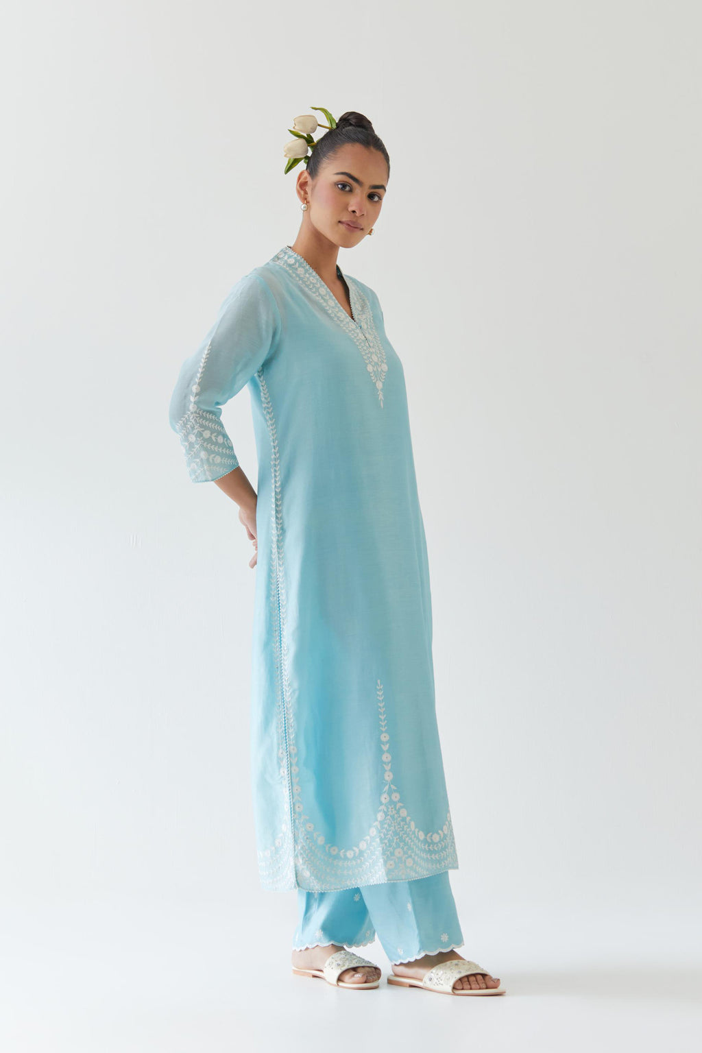 Blue silk chanderi long straight kurta set highlighted with off white thread embroidery
