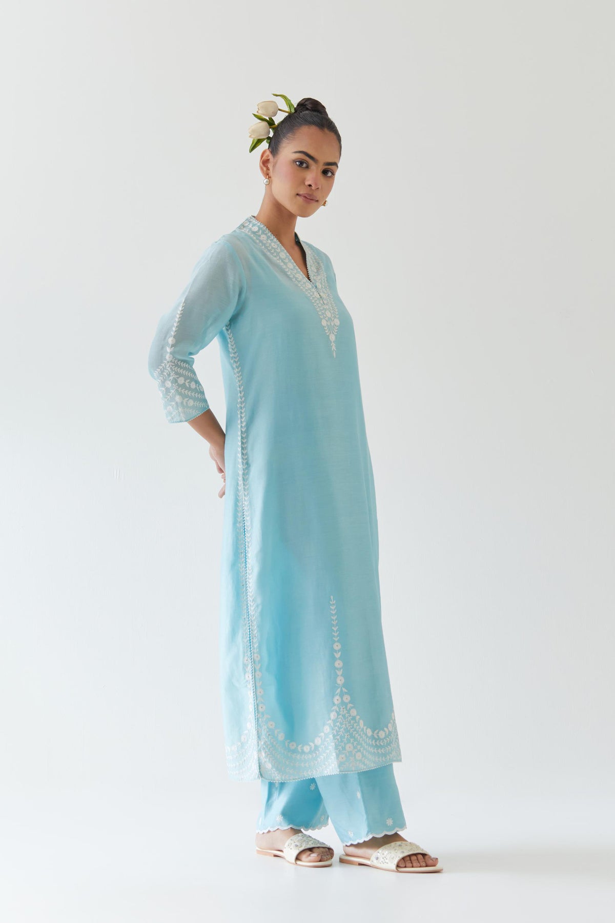 Blue silk chanderi long straight kurta set highlighted with off white thread embroidery