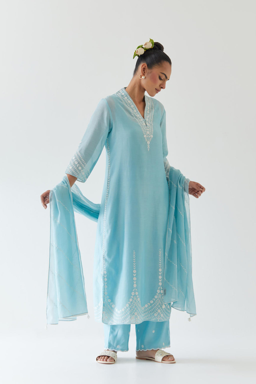 Blue silk chanderi long straight kurta set highlighted with off white thread embroidery