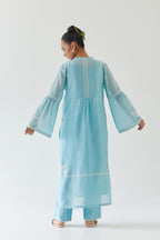 Blue silk chanderi straight kurta set with long bell sleeves, highlighted with off white thread embroidery.