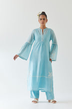 Blue silk chanderi straight kurta set with long bell sleeves, highlighted with off white thread embroidery.