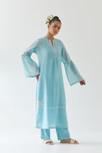 Blue silk chanderi straight kurta set with long bell sleeves, highlighted with off white thread embroidery.
