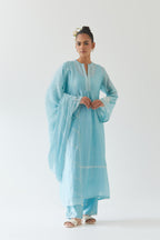 Blue silk chanderi straight kurta set with long bell sleeves, highlighted with off white thread embroidery.