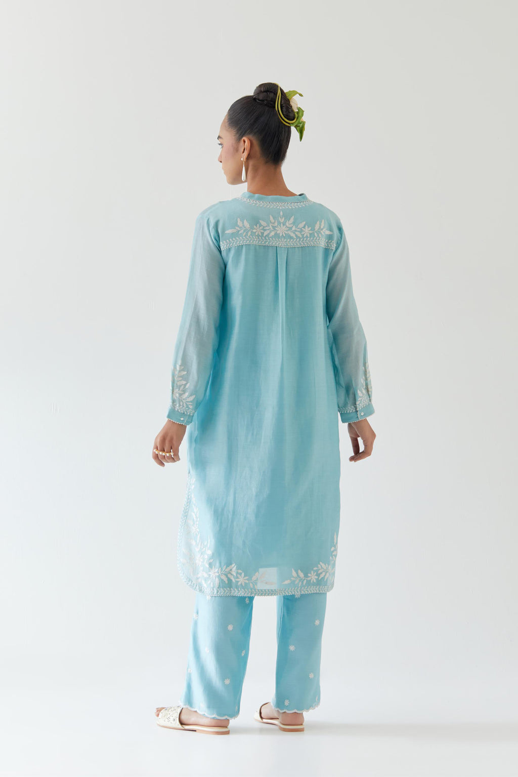 Blue silk chanderi straight short kurta set with off white thread embroidery.