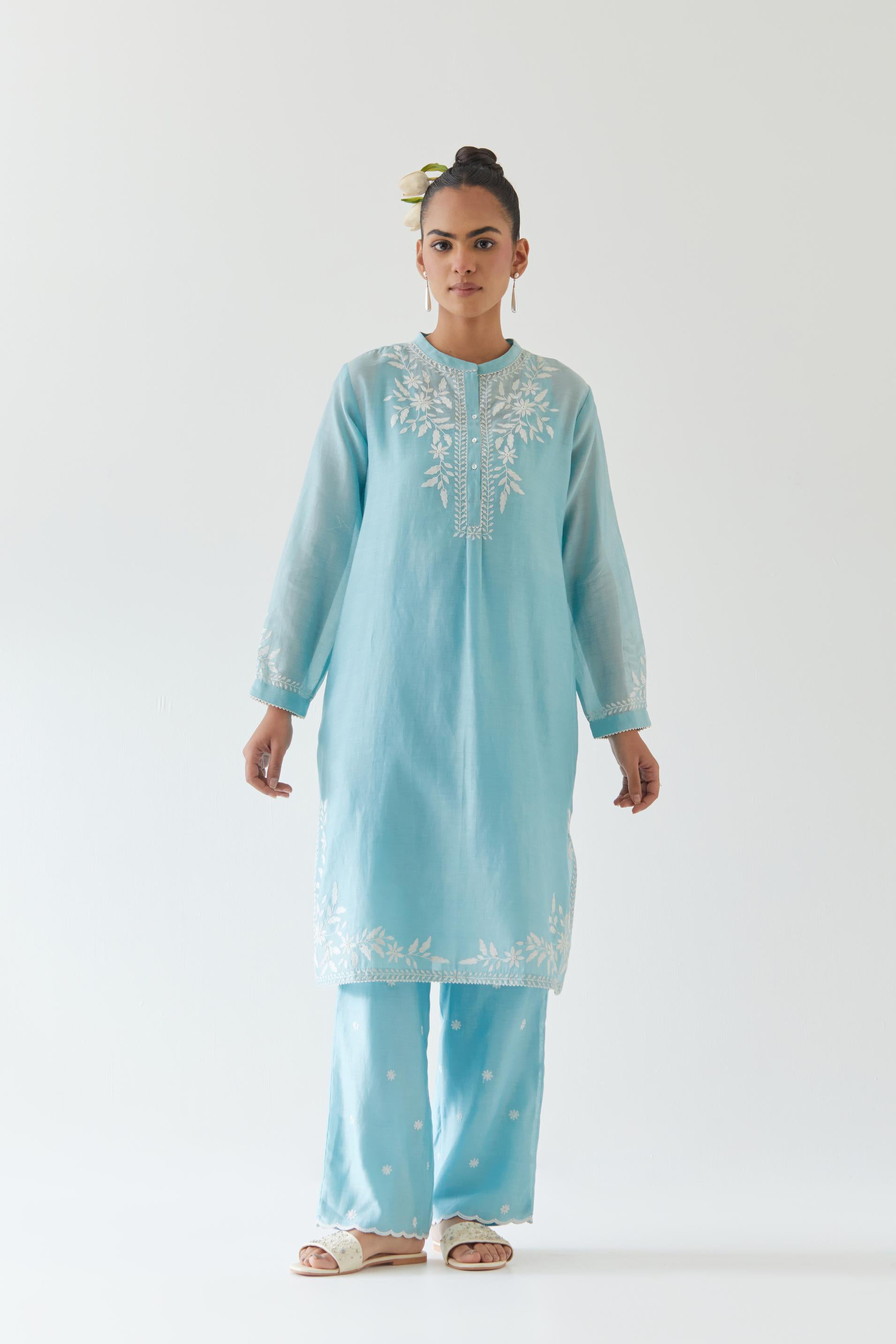 Blue silk chanderi straight short kurta set with off white thread embroidery.