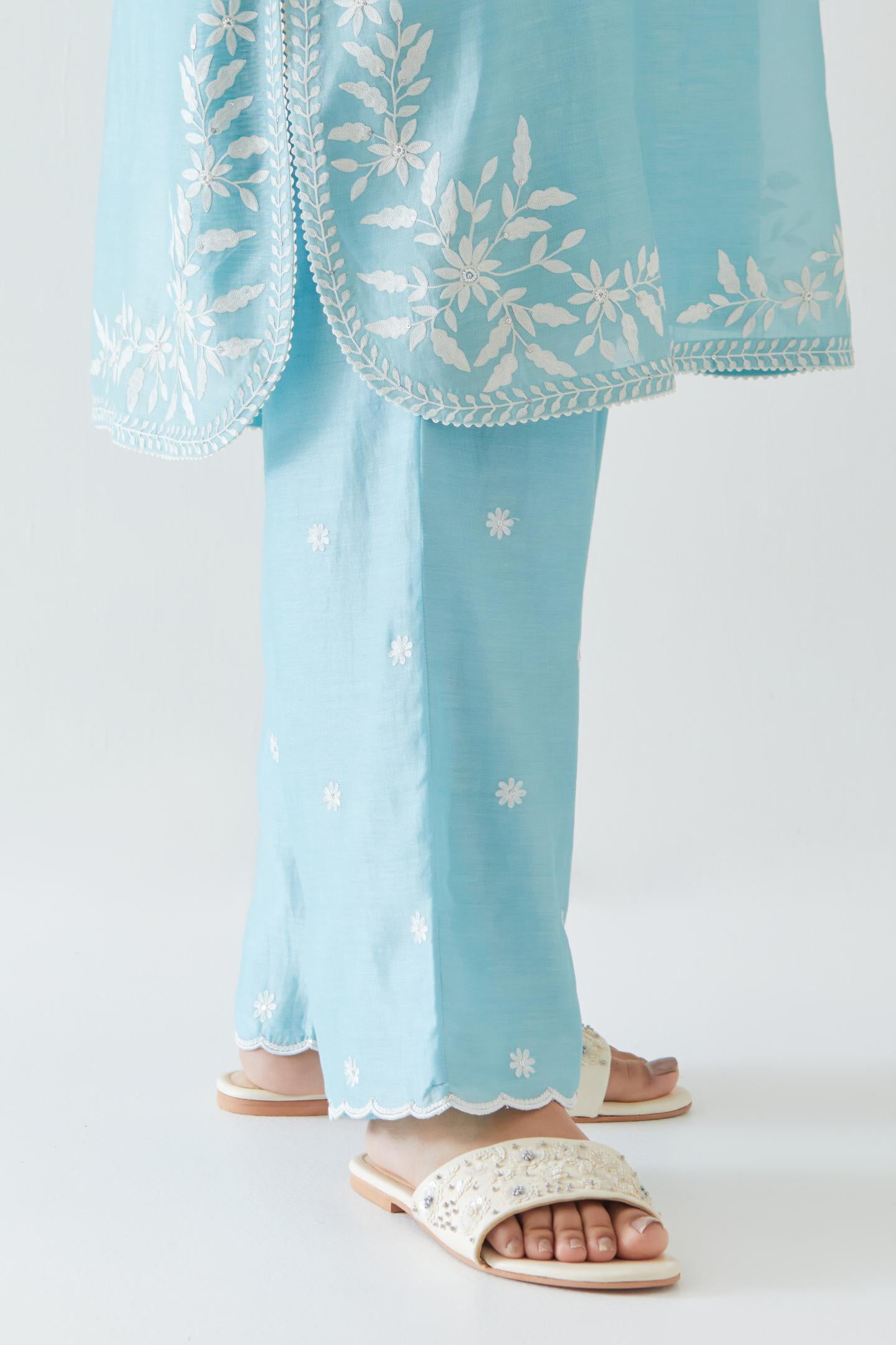 Blue silk chanderi straight short kurta set with off white thread embroidery.
