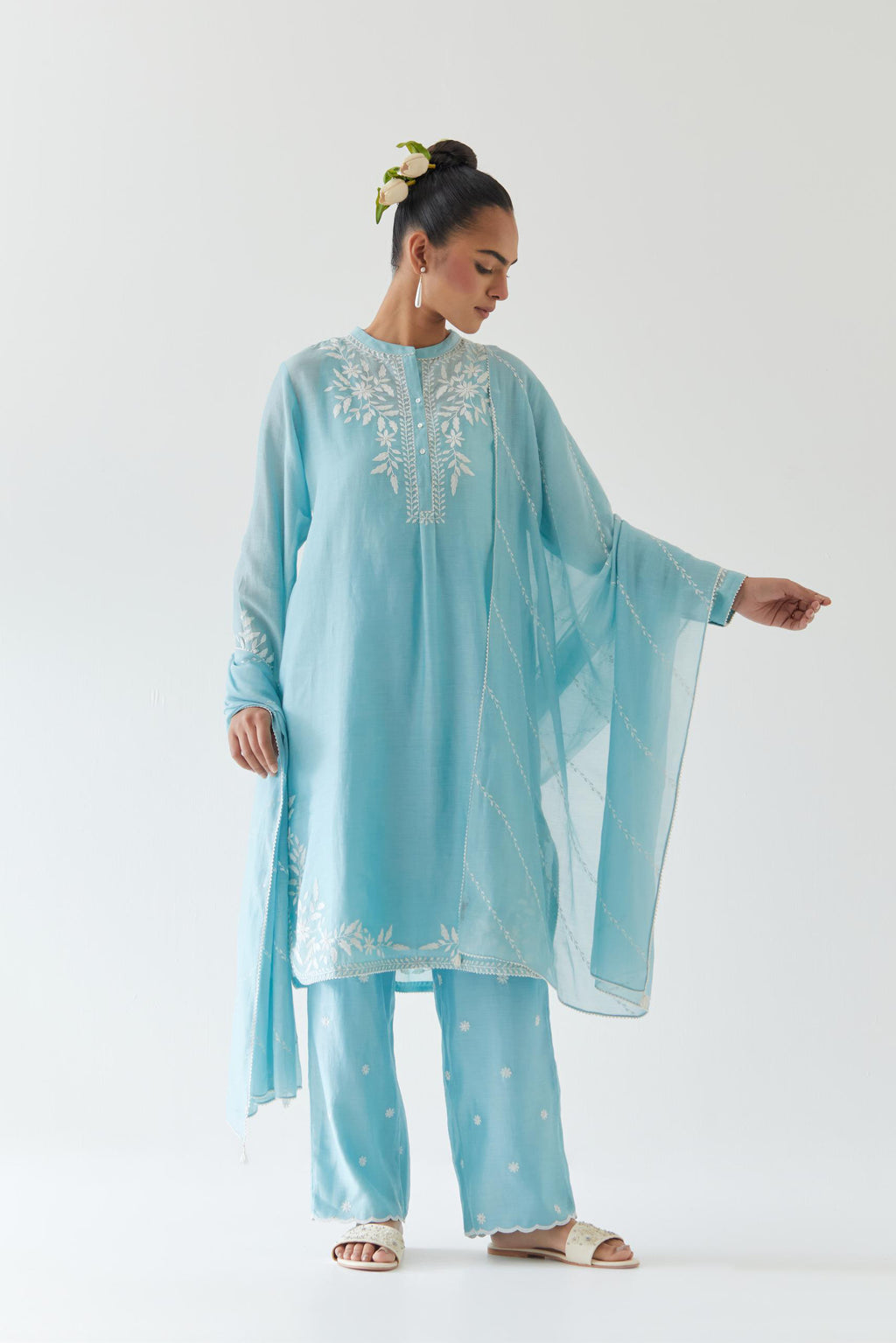 Blue silk chanderi straight short kurta set with off white thread embroidery.