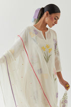 Off white cotton chanderi dupatta with multi colored applique, highlighted with bead & sequins work.