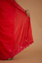 Red hand crushed silk saree set, paired with purple hand crushed silk blouse with vertical inset stripe organza fabric detailing in front, back and sleeves, highlighted with contrasting top stitch.