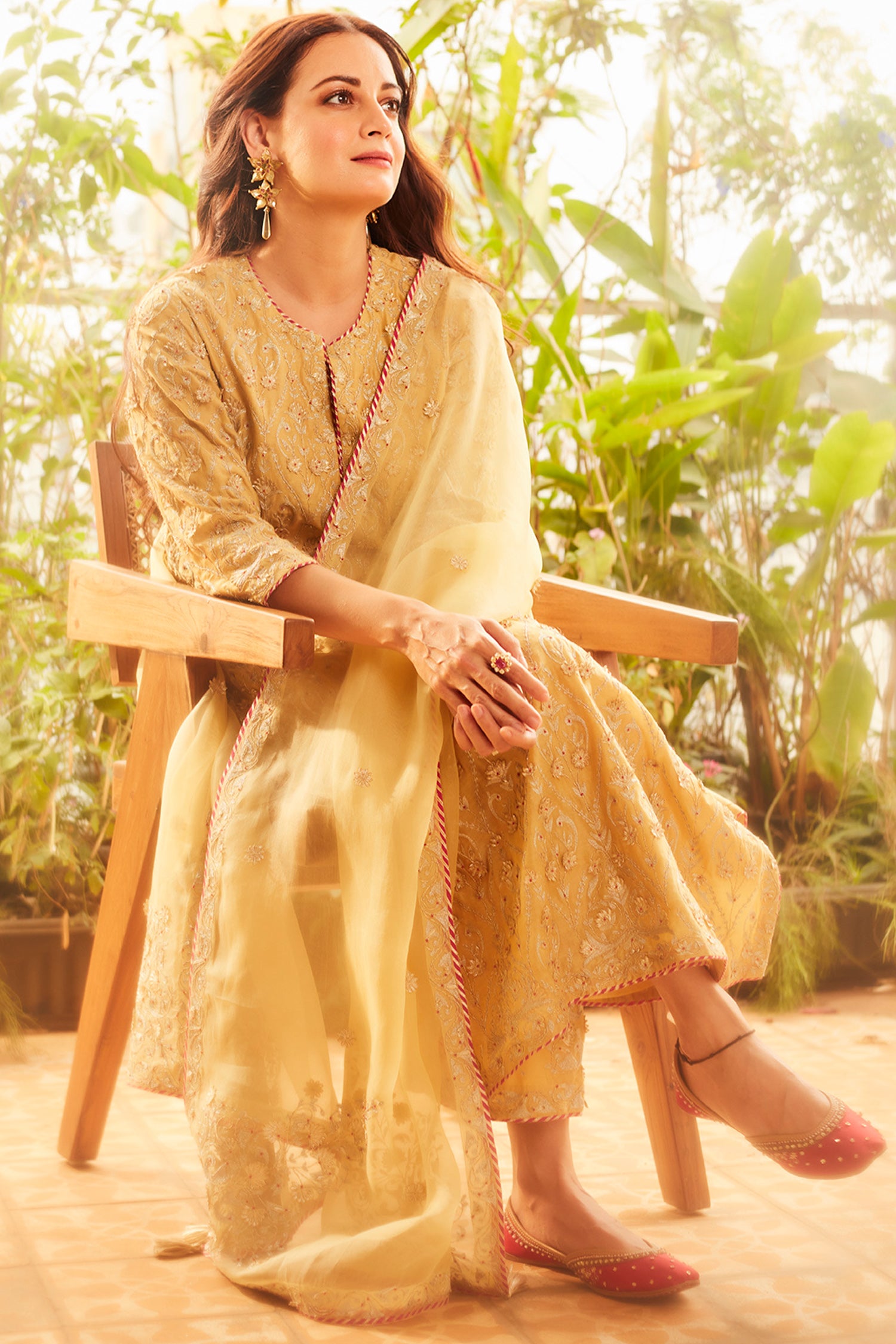 Yellow silk chanderi straight kurta set with all-over dori and gota jaal embroidery, highlighted with contrast bead work.