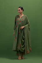 Brunswick green silk Kurta dress set with all-over assorted thread embroidery floral bunches.