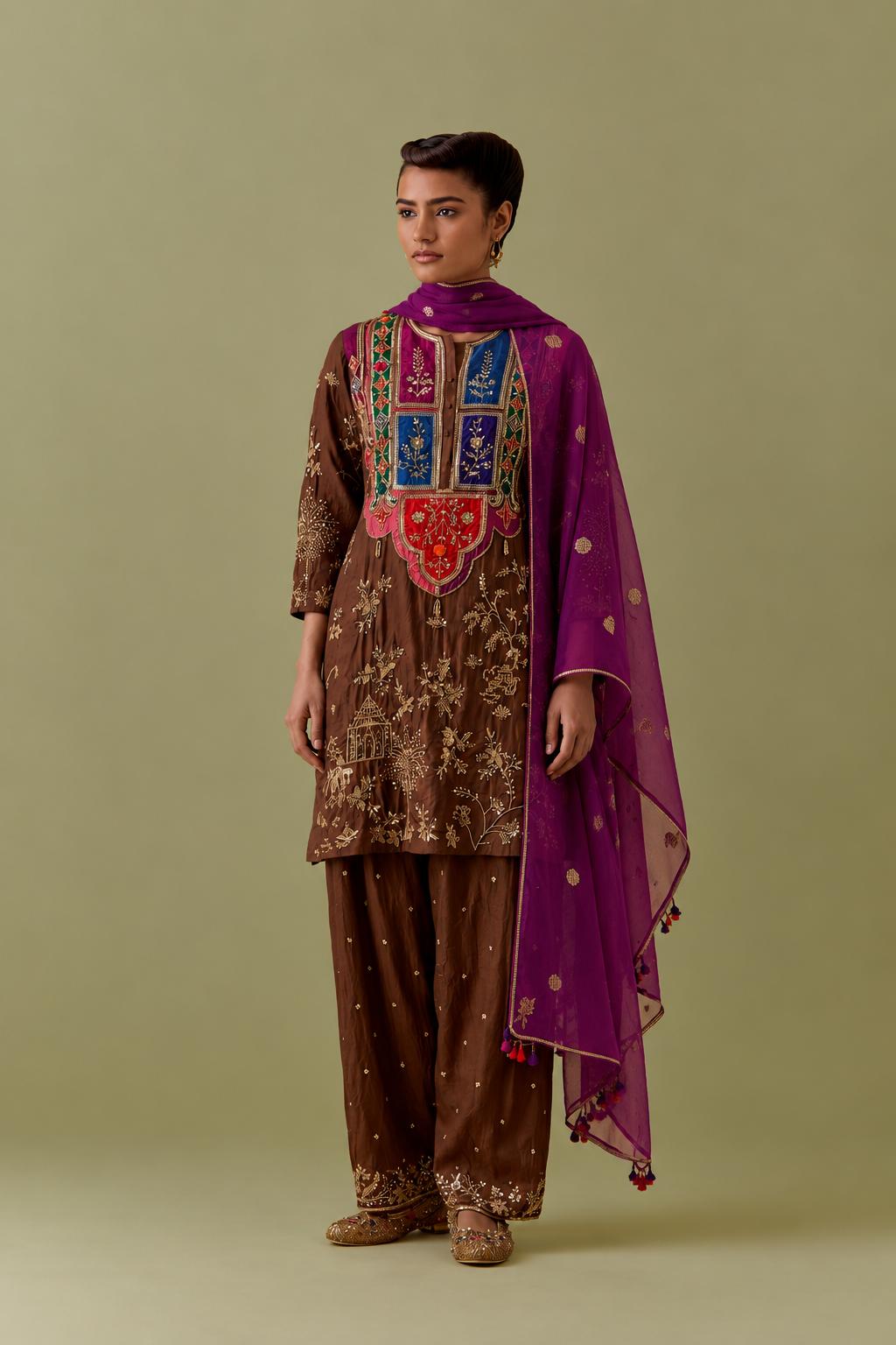 Chocolate Silk Short Kurta set with Multicoloured Appliqué & Handwork.