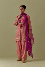 Peach Silk Short Kurta set with Multicoloured Appliqué & Handwork.