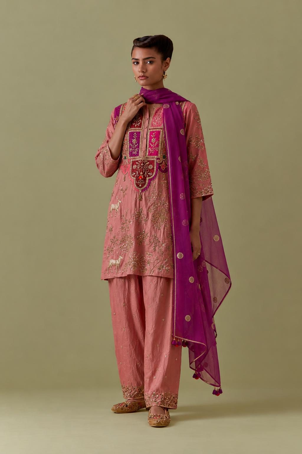 Peach Silk Short Kurta set with Multicoloured Appliqué & Handwork.