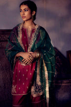Fuchsia silk chanderi short kurta set with all-over silk thread jaal embroidery, detailed with gold dori embroidery.