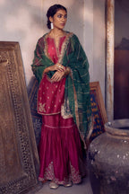 Fuchsia silk chanderi short kurta set with all-over silk thread jaal embroidery, detailed with gold dori embroidery.