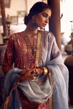 Brick red silk velvet straight kurta set with multi colored silk thread jaal embroidery all over it, detailed with single line of zardosi work.