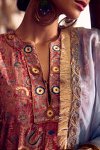 Brick red silk velvet straight kurta set with multi colored silk thread jaal embroidery all over it, detailed with single line of zardosi work.