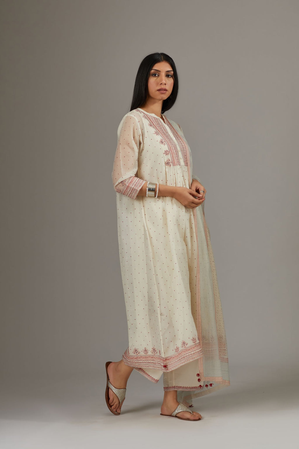 Hand block printed kurta set  dress with quilted, embroidered yoke with fine gathers.