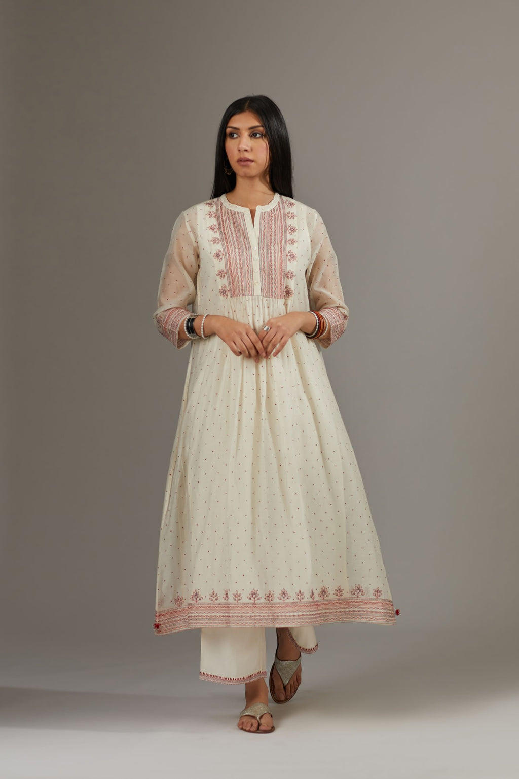 Hand block printed kurta set  dress with quilted, embroidered yoke with fine gathers.