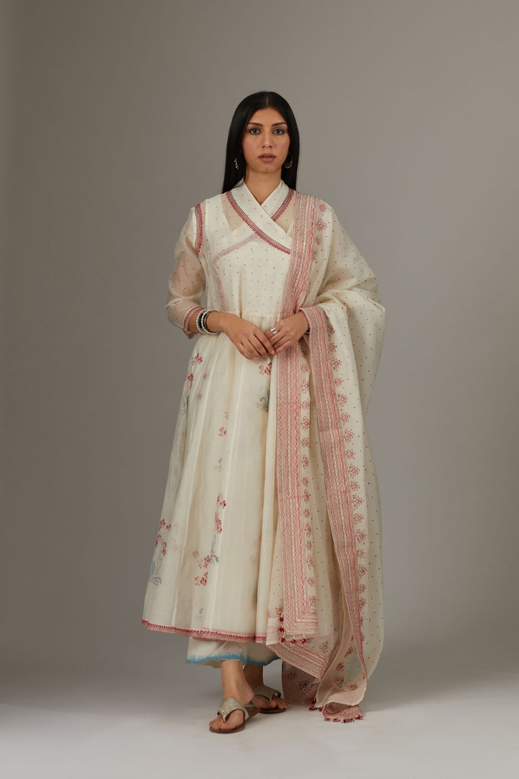 Angrakha kurta set with hand block print and embroidered over-lapped neck.