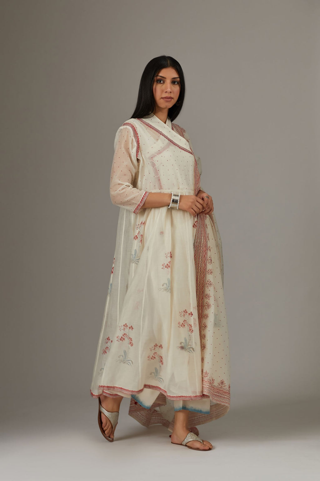 Angrakha kurta set with hand block print and embroidered over-lapped neck.