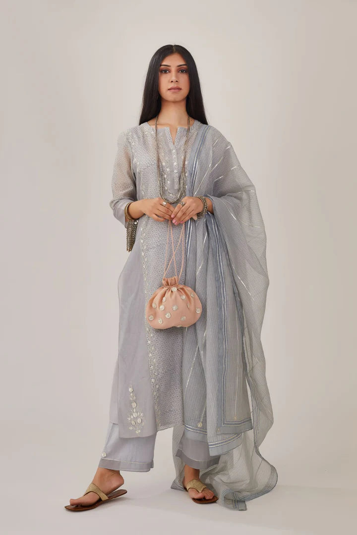 Steel blue hand block printed silk chanderi kurta set with gota embroidery and plain side panels