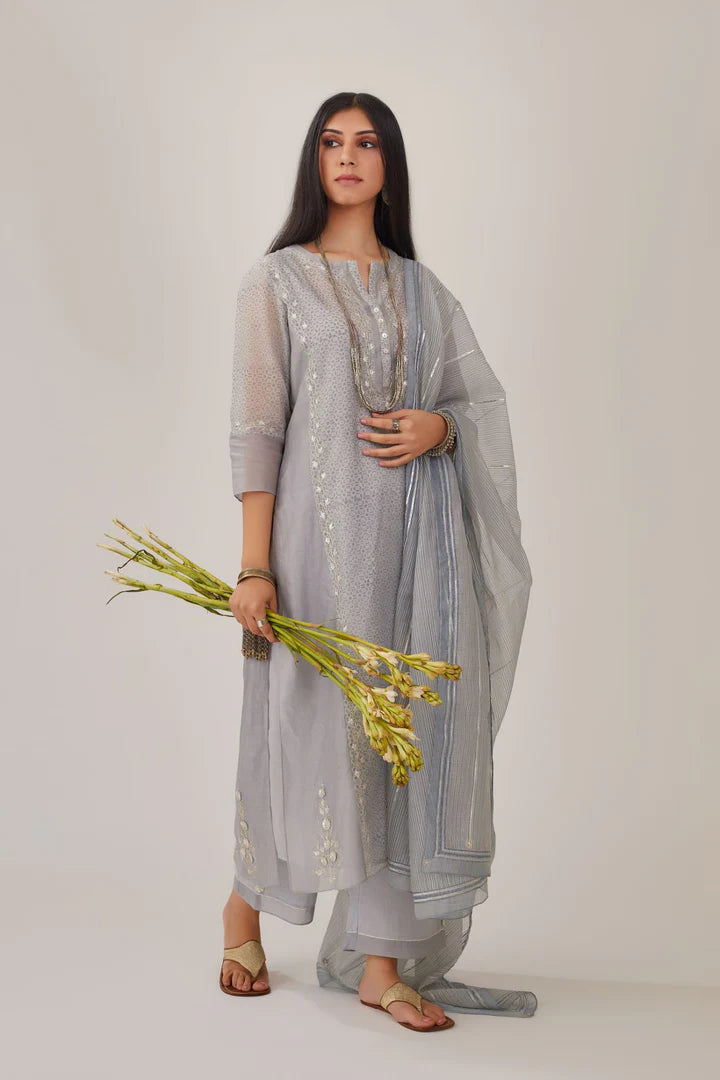 Steel blue hand block printed silk chanderi kurta set with gota embroidery and plain side panels