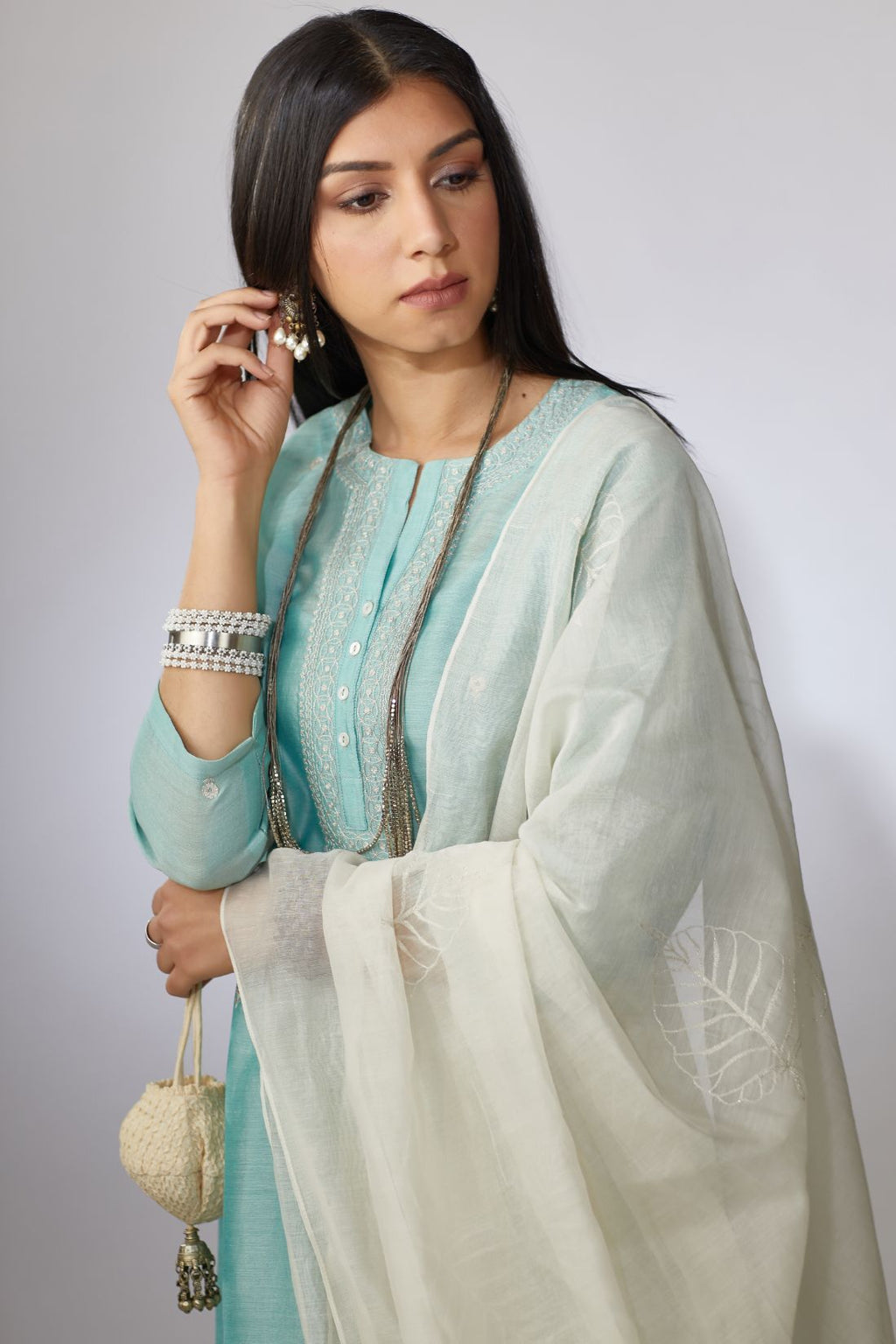 Teal Chandari kurta set with zari embroidery