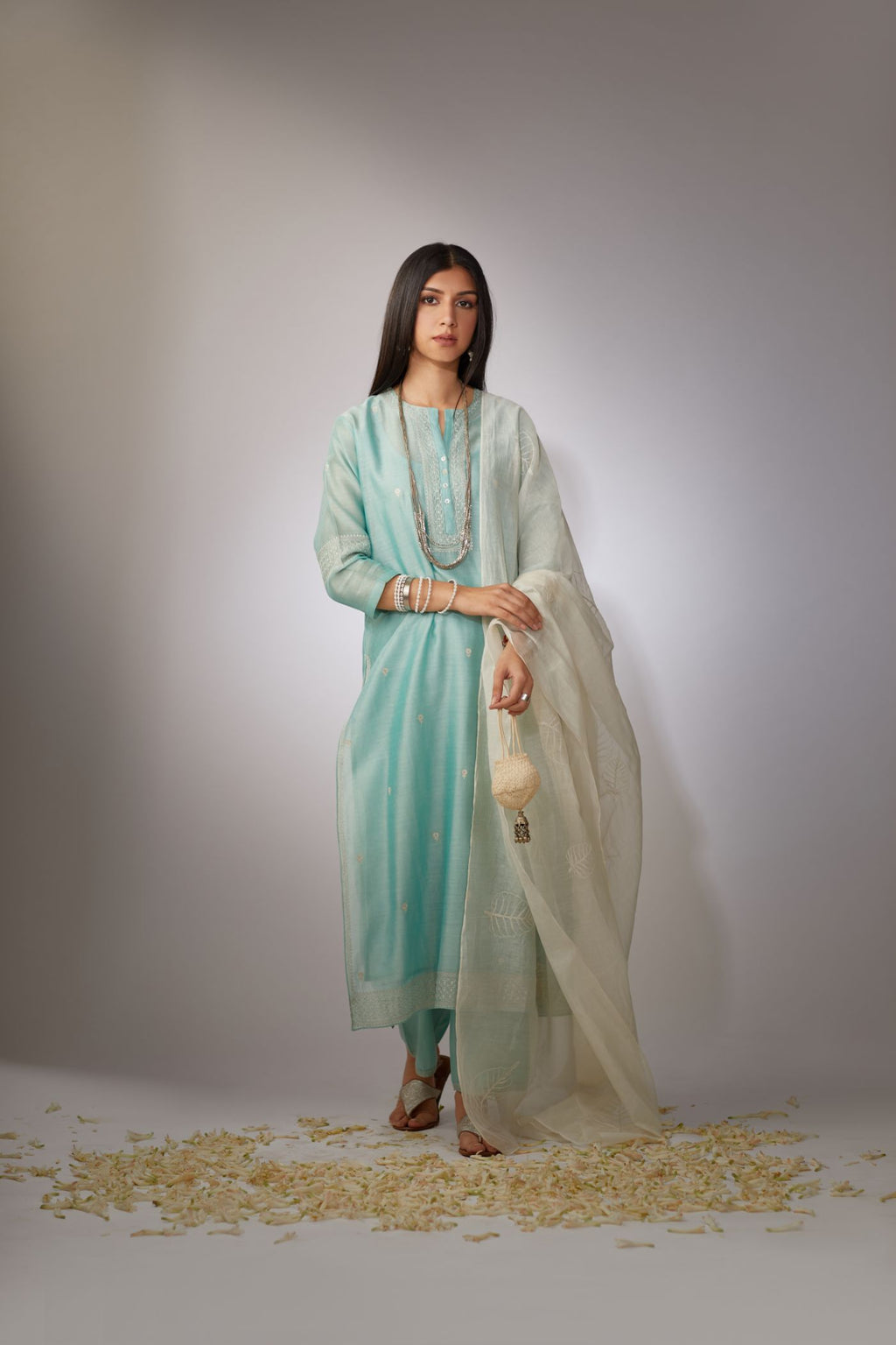 Teal Chandari kurta set with zari embroidery