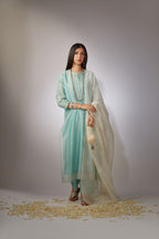 Teal Chandari kurta set with zari embroidery