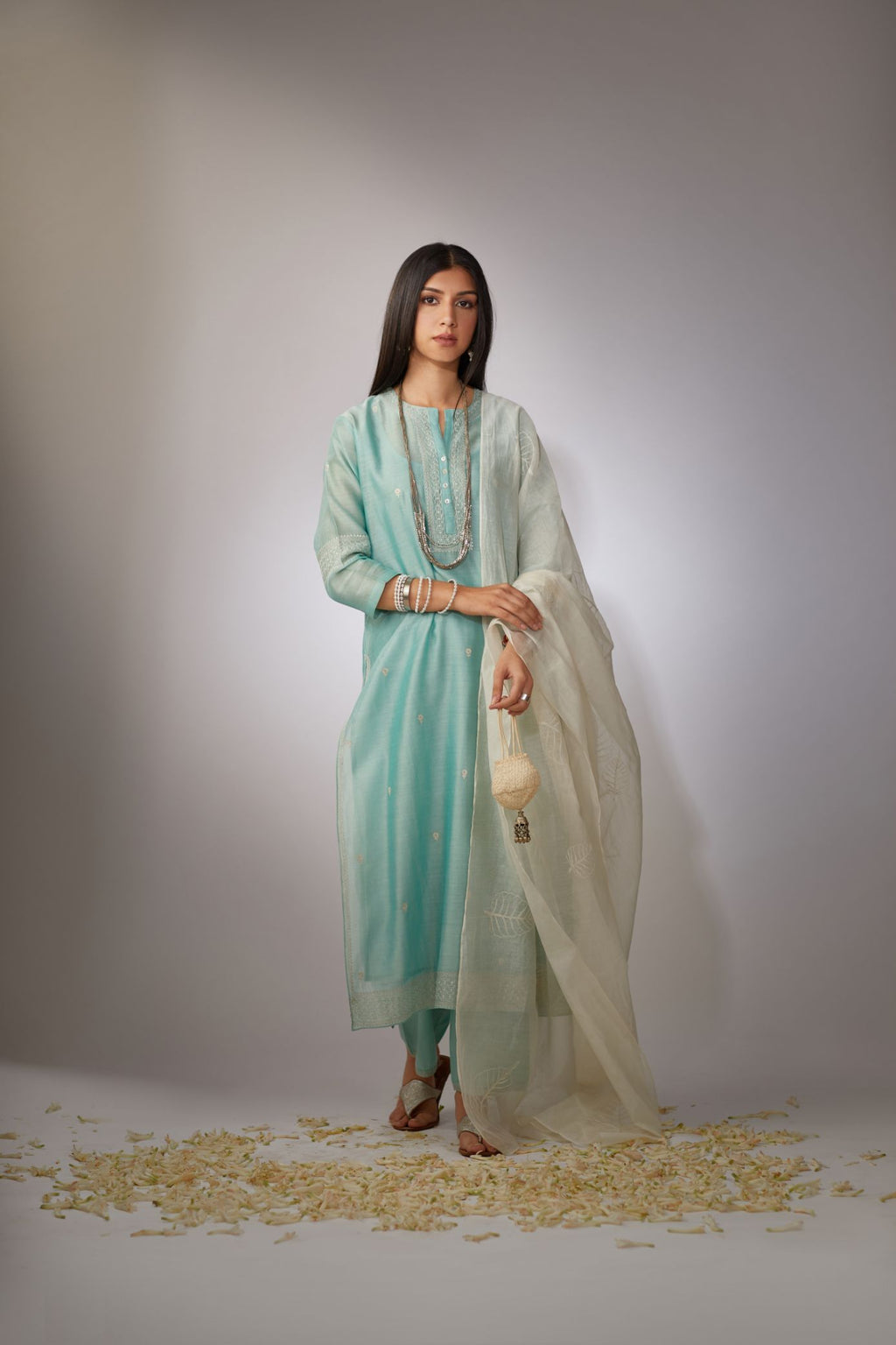 Teal Chandari kurta set with zari embroidery