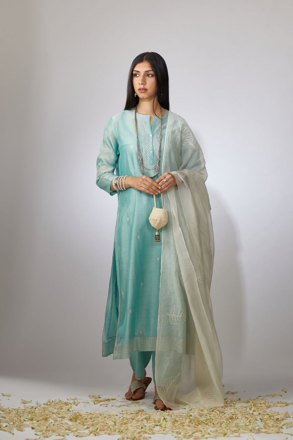Teal Chandari kurta set with zari embroidery