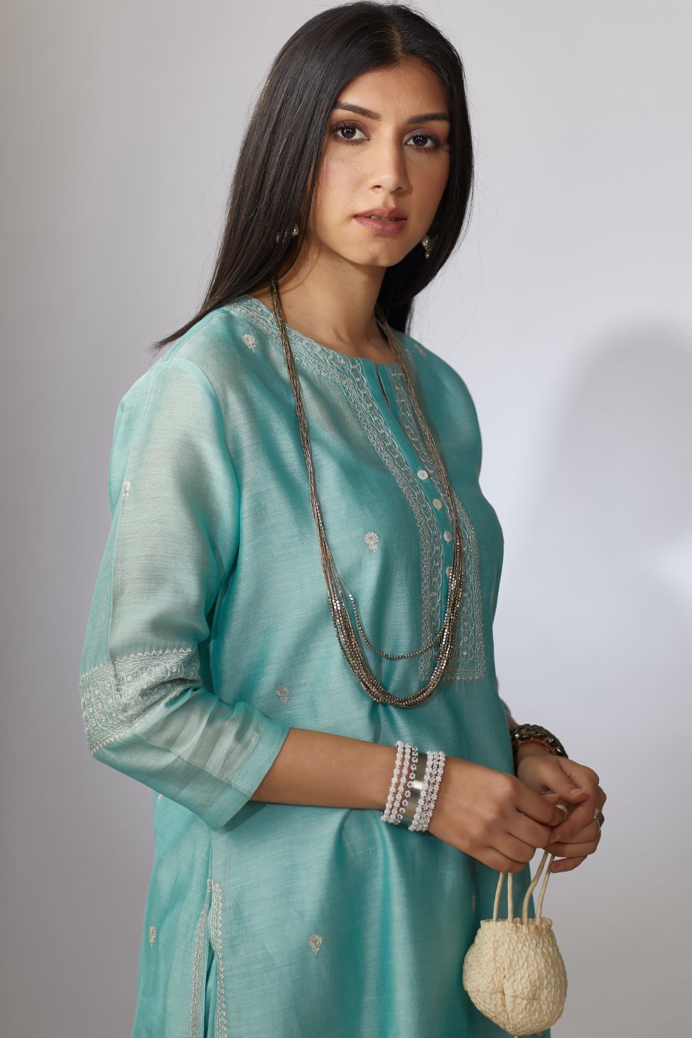 Teal Chandari kurta set with zari embroidery
