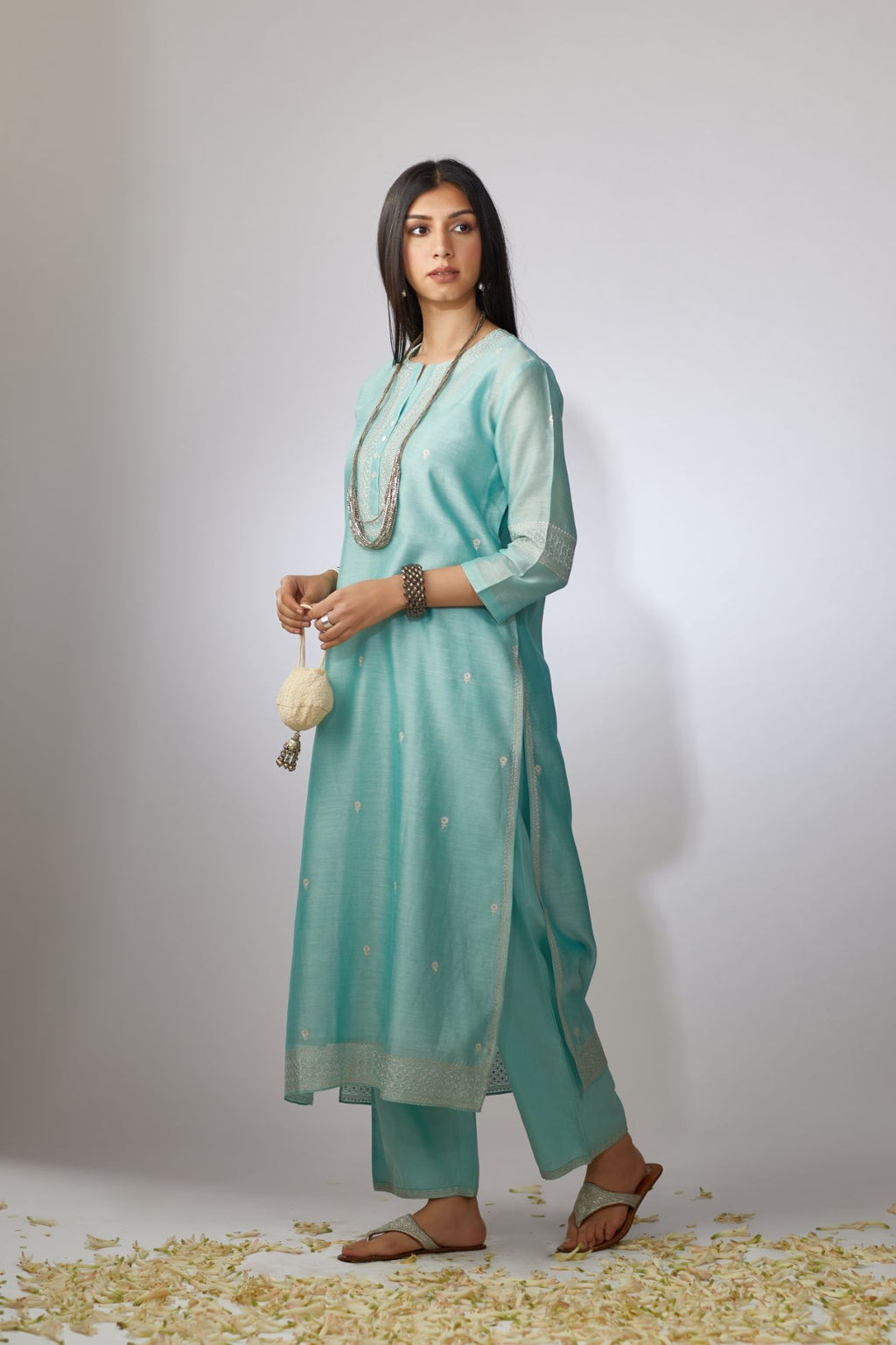 Teal Chandari kurta set with zari embroidery