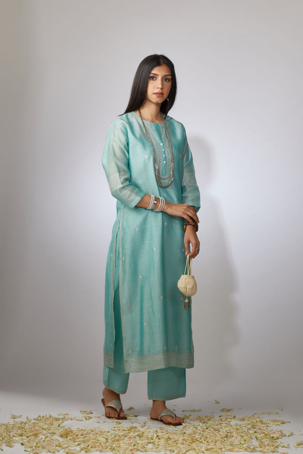 Teal Chandari kurta set with zari embroidery