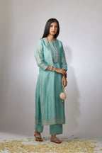 Teal Chandari kurta set with zari embroidery