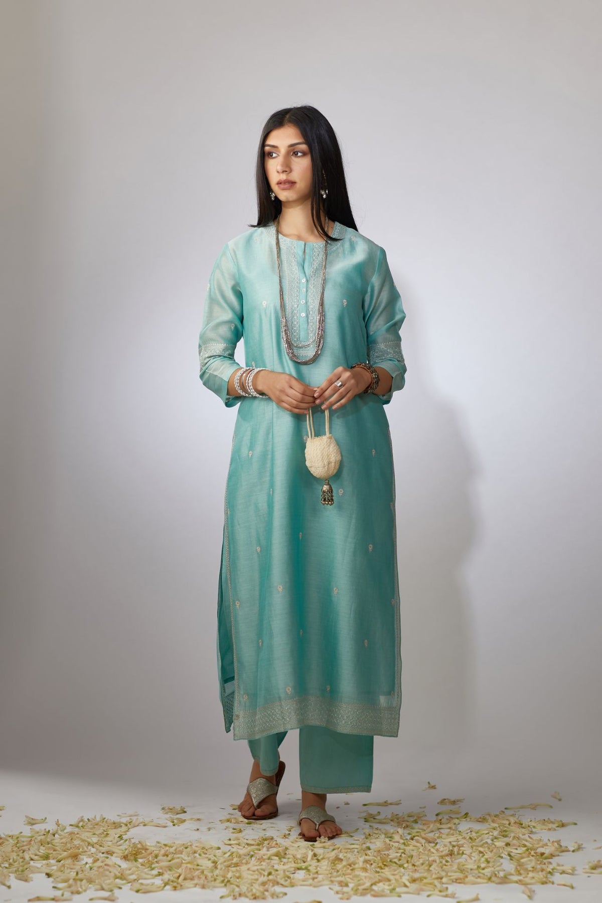 Teal Chandari kurta set with zari embroidery