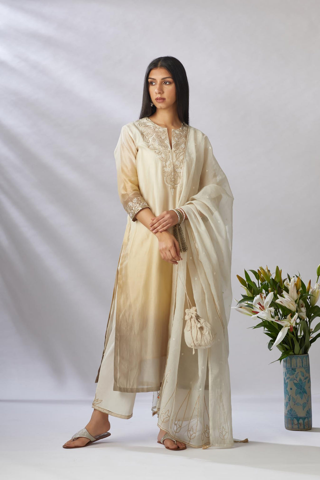 Straight kurta set with ombre and gota embroidery at neck