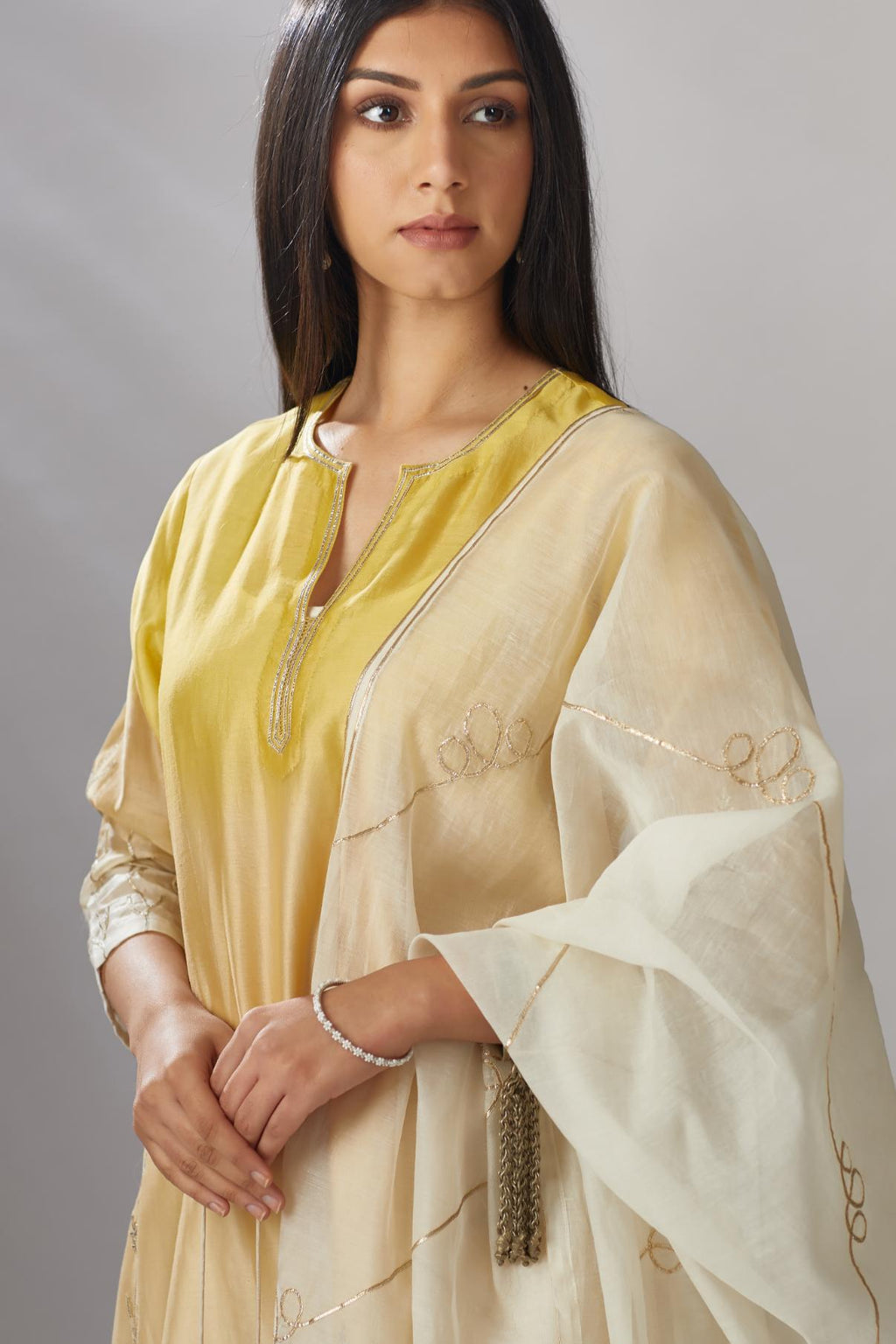 Ombre dyed straight kurta set with gota embroidered bottom hem