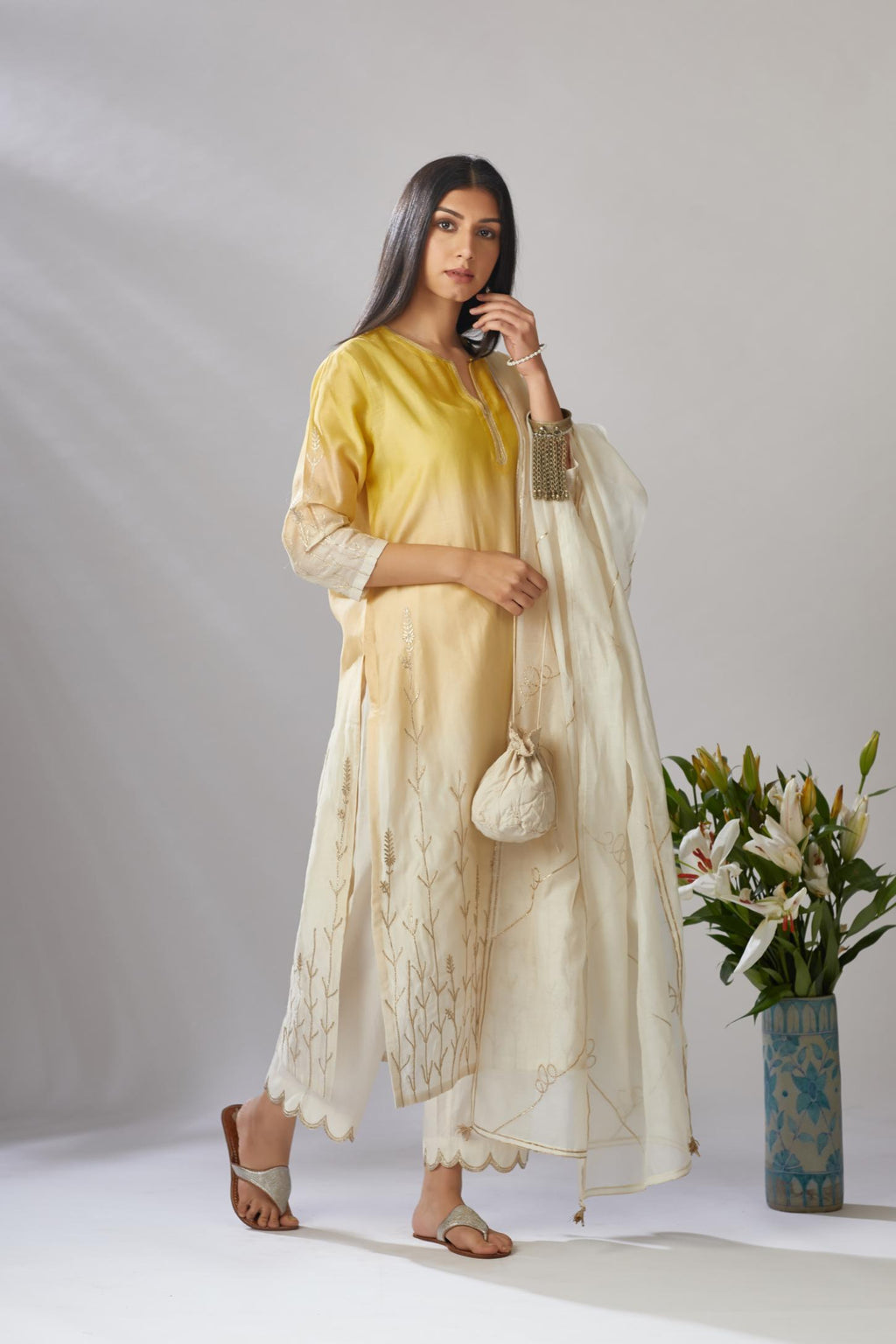 Ombre dyed straight kurta set with gota embroidered bottom hem