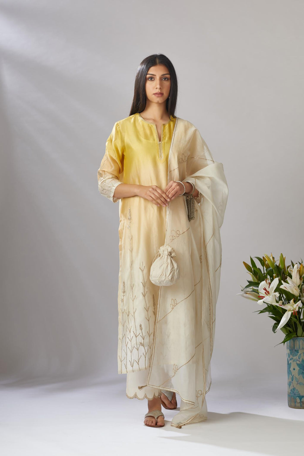 Ombre dyed straight kurta set with gota embroidered bottom hem