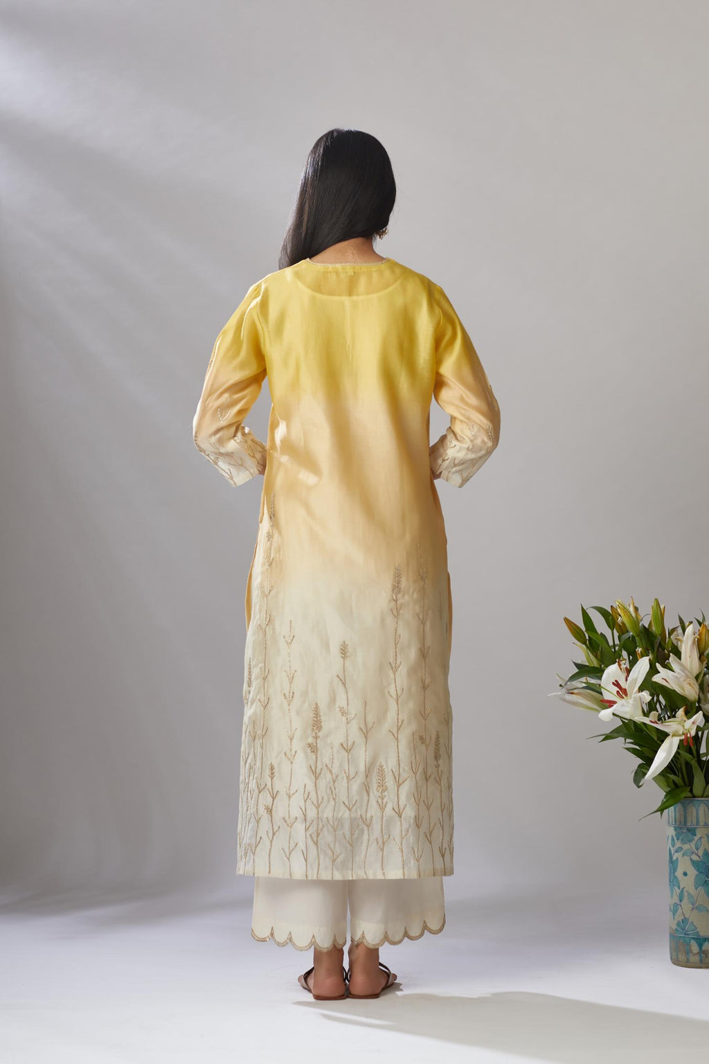 Ombre dyed straight kurta set with gota embroidered bottom hem