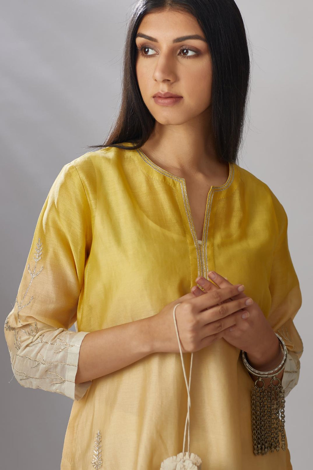 Ombre dyed straight kurta set with gota embroidered bottom hem
